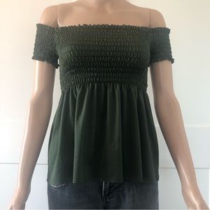 Hurley Olive Green Off Shoulder Short Smock Jersey Top XS
